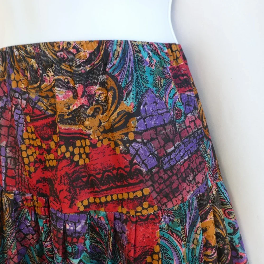 70s Vintage Pleated Midi Skirt Psychedelic Drop Waist Nylon Knit Mesh Elastic L